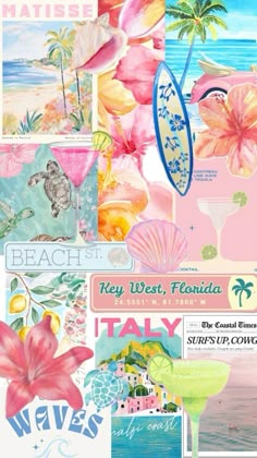 a collage of various images with flowers, surfboards and palm trees in the background