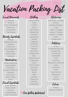 the vacation packing list with pink and black lettering