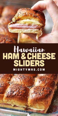 ham and cheese sliders in a glass dish with text overlay that reads hawaiian ham and cheese sliders