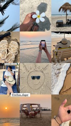 a collage of photos with people on the beach and in the sand, holding up their cell phones