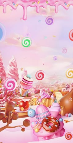 a pink candy land with lots of candies and lollipops on it