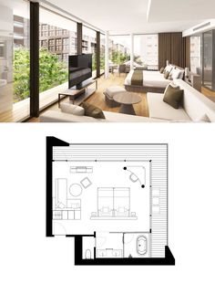 the floor plan for this modern apartment is shown in black and white, with an open living