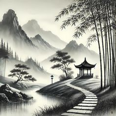 Ink Reference, Background Artist, Black Photos, Japanese Forest, Bamboo Tattoo, China Ink, Forest Drawing, Zen Painting, Countryside Pictures