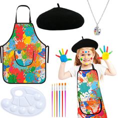 PRICES MAY VARY. 🎨【Great Value Package】You will receive a kids black artist hat,a colorful palm pattern apron for kids,a white paint trays with brushes and a sketchpad necklace.Wonderful gift ideas for kids who like painting! 🎨【Cute Beret Hat】The classic black hat is made of wool and nylon,which is elastic,soft and comfortable,lightweight and breathable.It measures 22-23 inch in head circumference,the hat has a built-in adjustment rope to adjust the size of the hat circumference,fits for most Artist Costume, Black Beret Hat, Cute Beret, Artist Hat, Paint Brush Drawing, School Halloween Party, Artist Apron, Halloween Party Dress, Black Beret