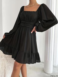 Peilia - Lantern Sleeve Dress with Tie Back Detail and Cinched Waist, Square Neck Ruched Dress - Womens Fashion Baddie Aesthetic, Women Bodycon Dress, Lantern Sleeve Dress, Dress Flowy, Ruched Top, New Chic, Birthday Party Dress, Knee Dress, Lantern Sleeve