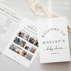 an open brochure with pictures of people on it and the words, welcome to hayley's baby shower