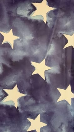 an abstract painting with white stars against a blue sky and dark clouds in the background