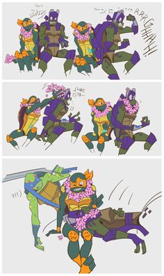 the turtles are in different positions with flowers on their chest and arms, while one turtle is