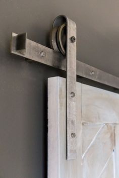 a close up of a metal door handle on a white door with grey walls in the background