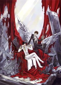 an anime scene with two people sitting on a throne and one person standing in front of them