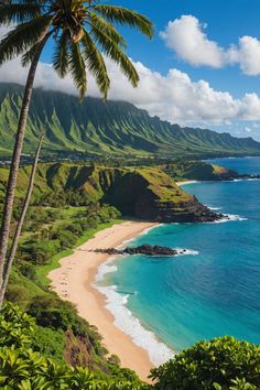 the beach is surrounded by lush green hills and blue water with palm trees in the foreground