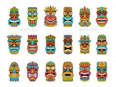 an assortment of colorful tiki masks with different facial expressions - miscellaneous objects / characters