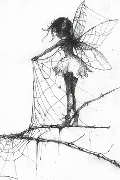 a drawing of a fairy standing on a spider web