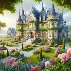 a large castle with lots of flowers in the front yard and trees on either side