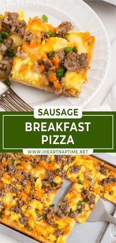 sausage breakfast pizza on a white plate with a fork and green text overlay that reads sausage breakfast pizza