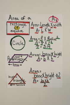 a piece of paper with writing on it that says area of a rectangle square