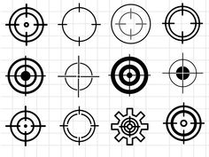 different types of target icons on a grid pattern background, each with their own arrow and crosshairs