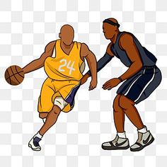 two basketball players in different positions, one is dribbling the ball while the other has