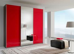 a red and white wardrobe in a room