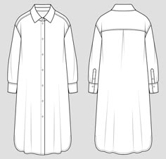 the front and back view of a long shirt dress with buttons on the chest,