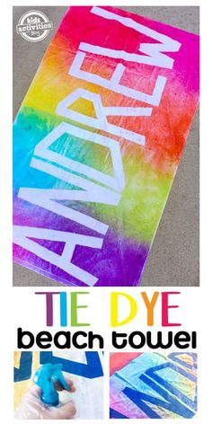 the diy beach towel is made with rainbow dye and watercolors to make it look