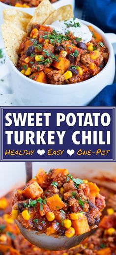 sweet potato and turkey chili in a white bowl with tortilla chips on the side