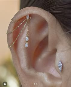 a woman's ear with three different types of piercings