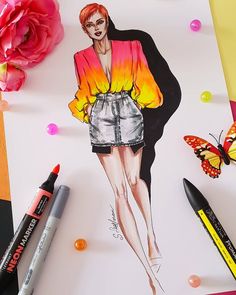 a drawing of a woman in short shorts and a top with a butterfly on it