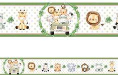 a green and white wallpaper border with animals on the front, side and back