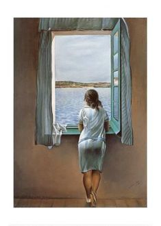 a painting of a woman looking out an open window at the water from her bedroom