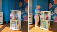 two pictures of a toddler playing with books on a book shelf in the living room