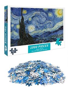 the puzzle box is filled with pieces of blue and white paint, which have been assembled to look like van goghn's starr night