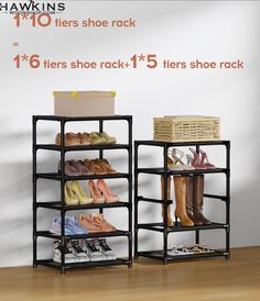 two shelving units with shoes on each shelf and the words hawkins 10 tiers shoe rack