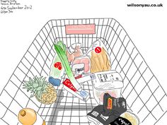 a shopping cart filled with groceries and other things to eat in it's basket