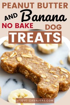 peanut butter and banana no bake dog treats on a white plate with text overlay