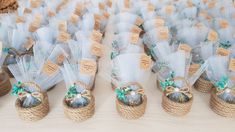 small baskets filled with silver and green decorations