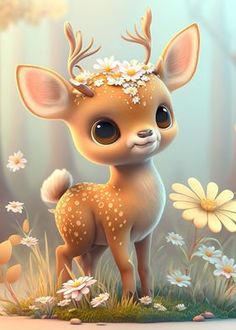 a baby deer standing in the grass with daisies