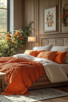 a bed with orange pillows and blankets in a bedroom next to a window, surrounded by potted plants