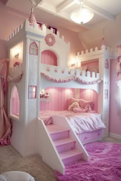 a princess castle bed with stairs and pink carpeted flooring in a child's bedroom