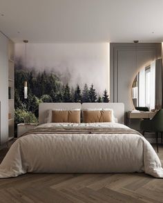 a bedroom with a large painting on the wall above the bed and wooden flooring