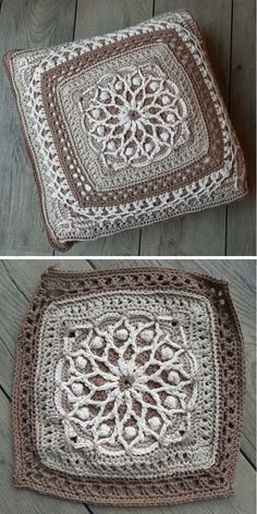 crocheted granny blanket with two pictures of the same pattern, one in brown and white