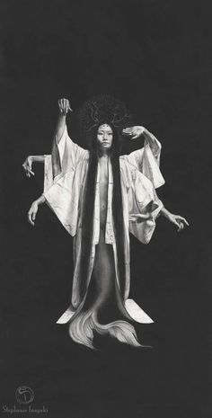 a black and white photo of a woman with her arms spread out in the air