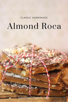 homemade almond roca bars stacked on top of each other