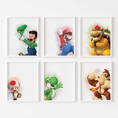 four mario bros pictures hanging on the wall next to each other, with different characters