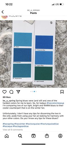 the back side of a pair of blue and green swatches on a white background