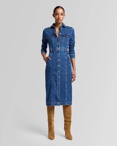 Luxe Dress in Lady | 7 For All Mankind Winter Denim Dress Outfit, Denim Dress Fall Outfit, Denim Dresses For Women, Denim Dress Fall, Luxe Dress, Denim Dress Outfit, Jean Ideas, Long Sleeve Denim Dress, Dressing Room Ideas