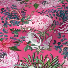 pink and green floral wallpaper with flowers on it