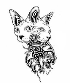 a black and white drawing of a cat's head with an abstract design on it