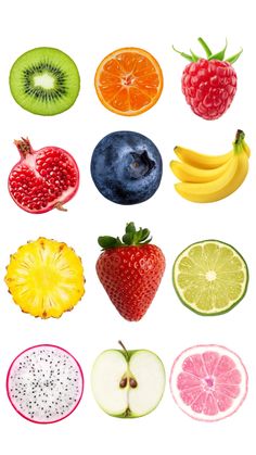 an assortment of fruit cut in half on a white background