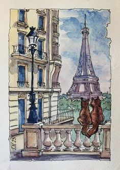 a painting of two cats sitting on a balcony looking at the eiffel tower